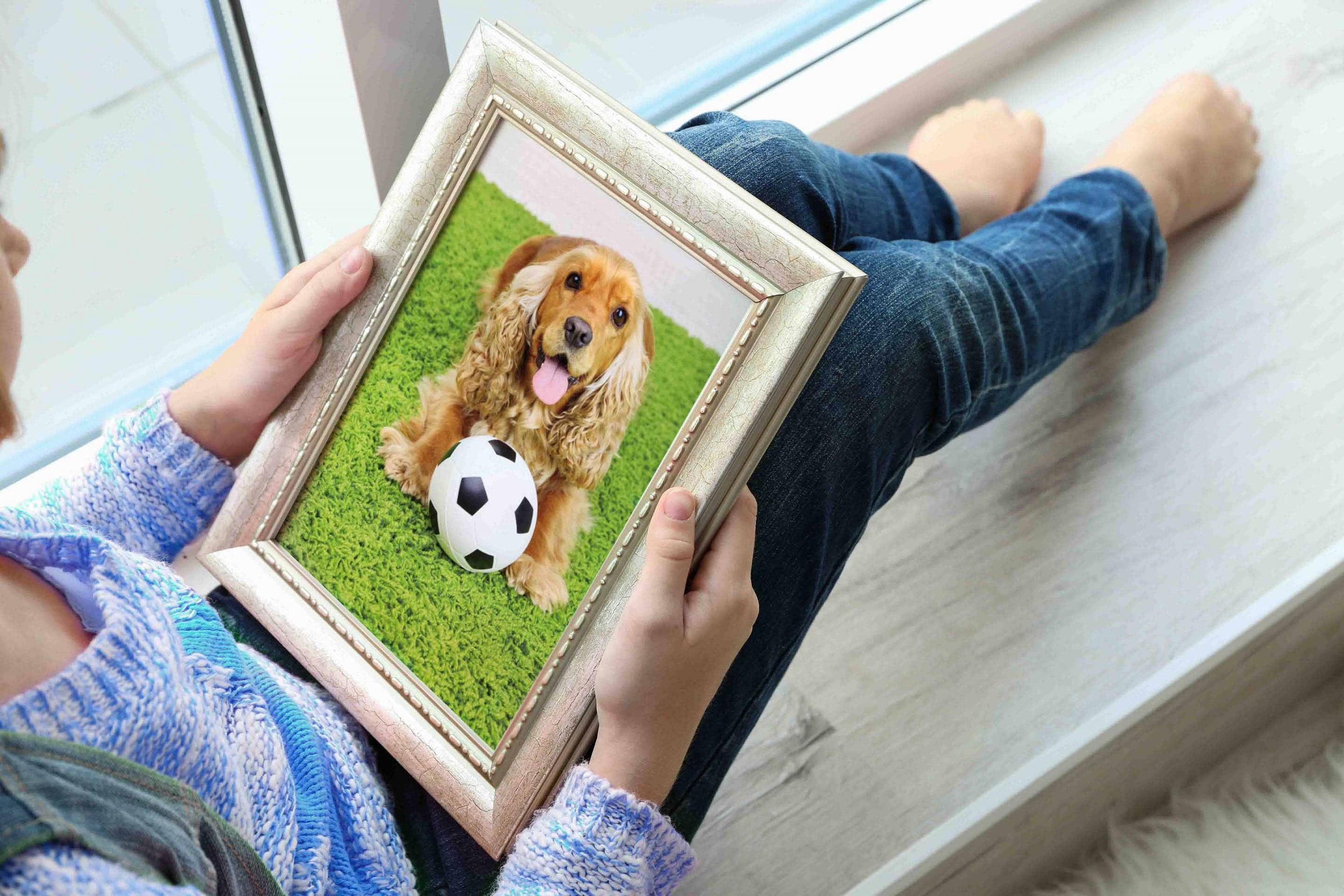 young girl hold a framed photo of a dog