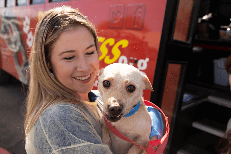 a young girl holds a small dog